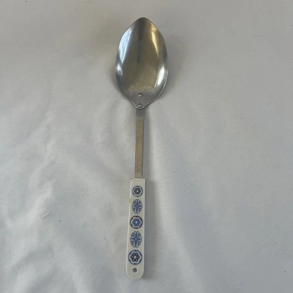 Vtg‎ Ace USA Stainless Large Serving Spoon Geometric Flower White Blue Purple